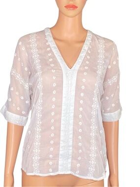 Olive & Oak White Embroidered Blouse Swiis Dot 3-4 Sleeve Button Down SZ XS